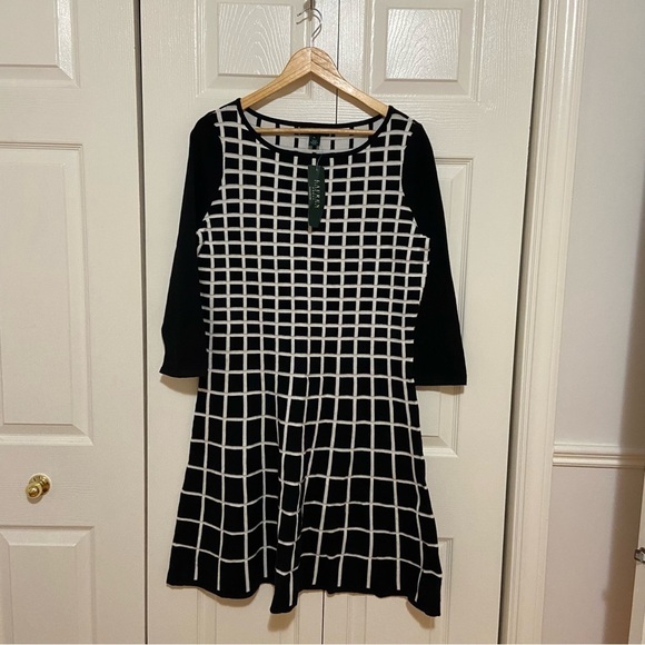 Ralph Lauren NWT Cotton Knit 3/4 sleeve black and White Geometric Dress Size 14 - Picture 2 of 8